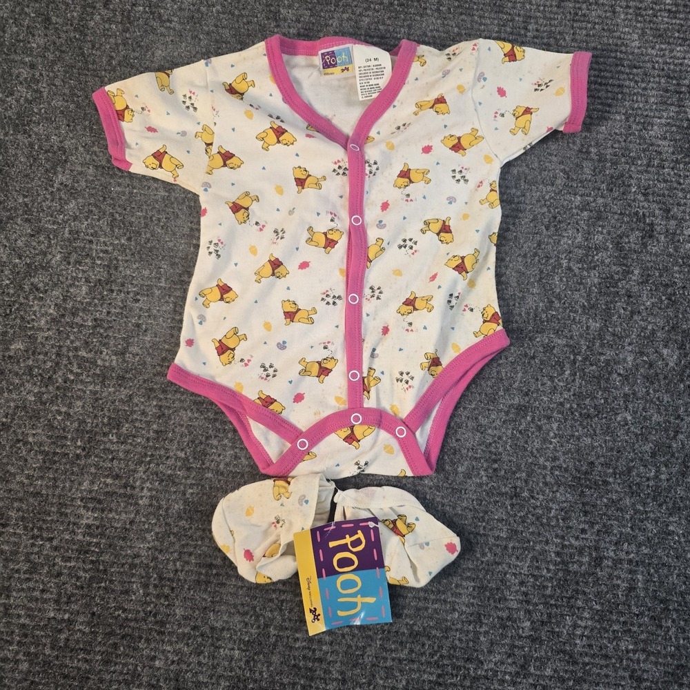 Vintage Disney Winnie Pooh Baby Bodysuit Booties 24M Pink 90s Tag Collectible